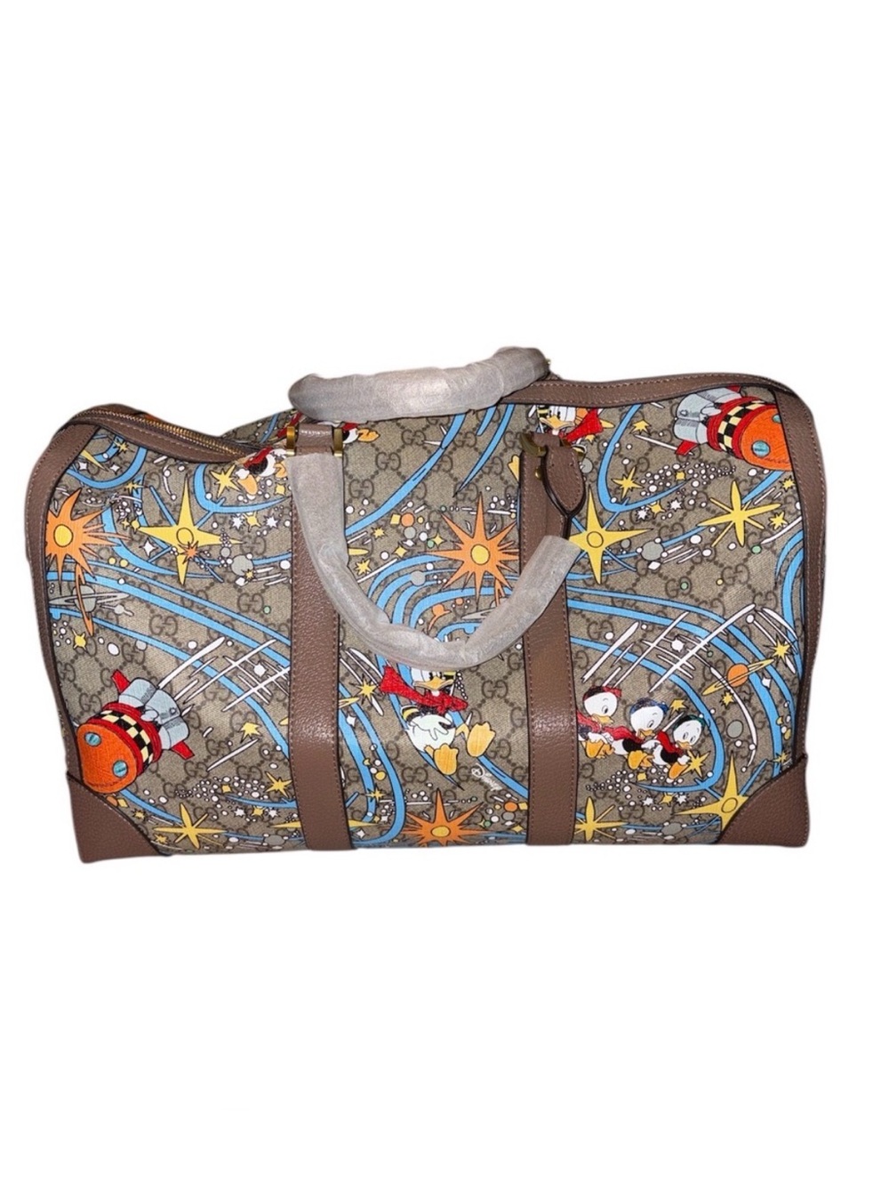 Brown GG Canvas Duffle with Colorful Disney Space Print